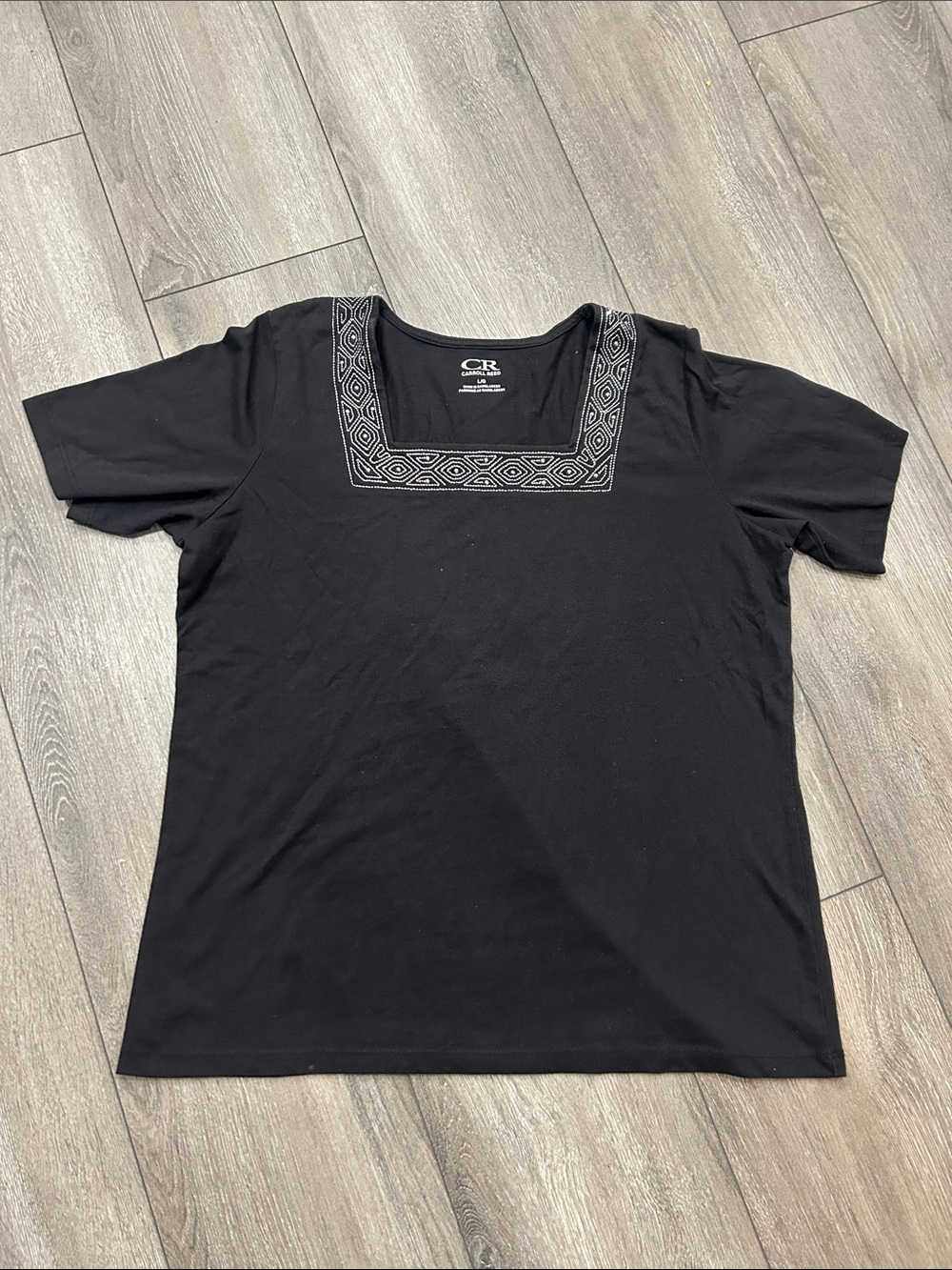 CR Black Short-Sleeve Square Neck Embroidered Tee